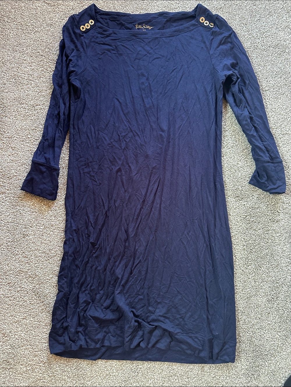 Lilly Pulitzer Navy Long Sleeve Boatneck Shift Dress with Gold Buttons XS